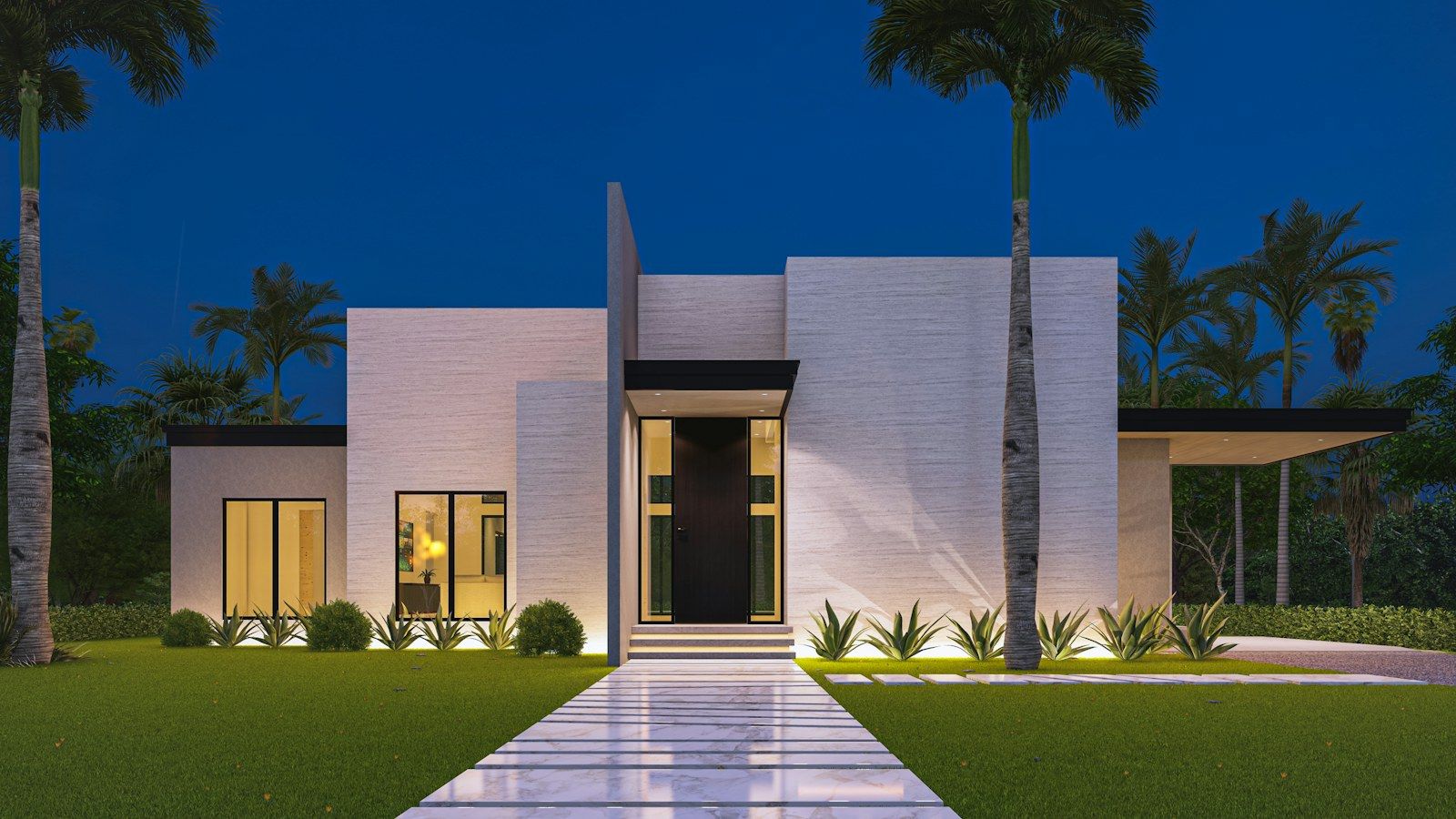 Fachada branca com acesso em placas de pedra, palmeiras e iluminação noturna (imagem ilustrativa)